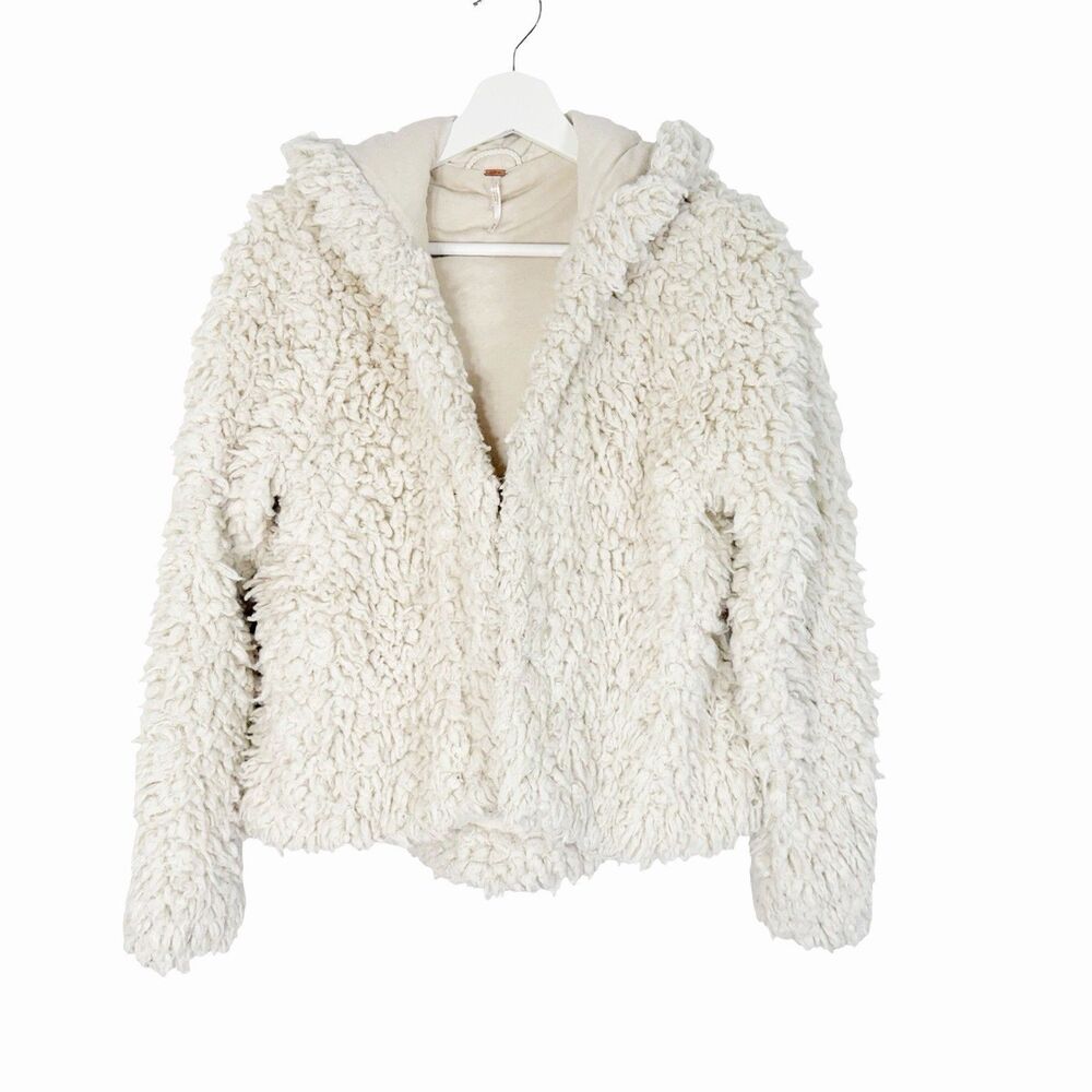 Free People Jacket Ivory Once Upon a Hooded Fuzzy Long Sleeve Hook Closure Sz XS - Picture 5 of 13